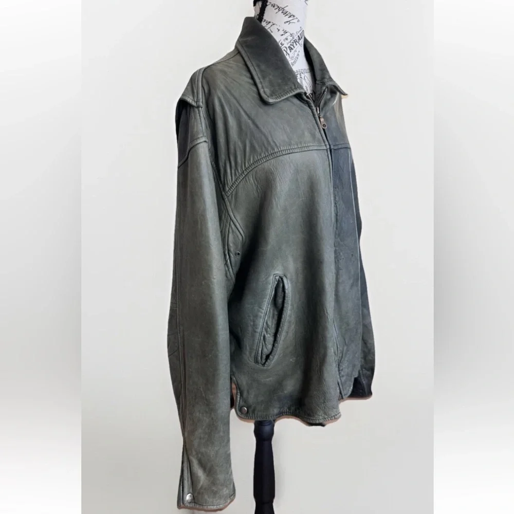 vintage 90s Y2K Wilsons olive green distressed bomber leather jacket * Flaws - Picture 4 of 16